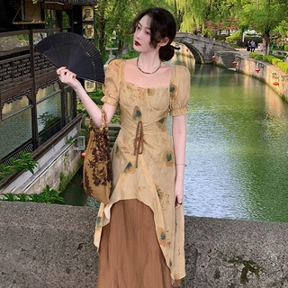 Square collar printed bubble sleeve dress girls 2022 summer new Chinese retro temperament fake two skirt children