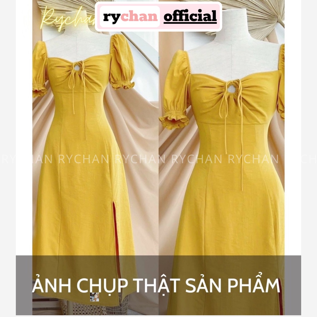 Đầm Xoè Midi Vàng Chéo Dây Cổ Xẻ Tà Tay Phồng - DX0128