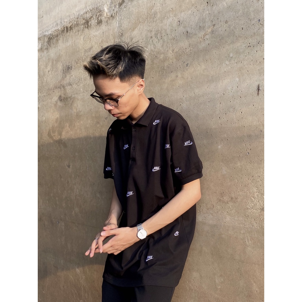 Áo thun Polo Full Logo Đen Thêu Nam Nữ Cổ Bẻ - Vải Vải Cá Sấu Cotton Lacoste Trẻ Trung Xịn