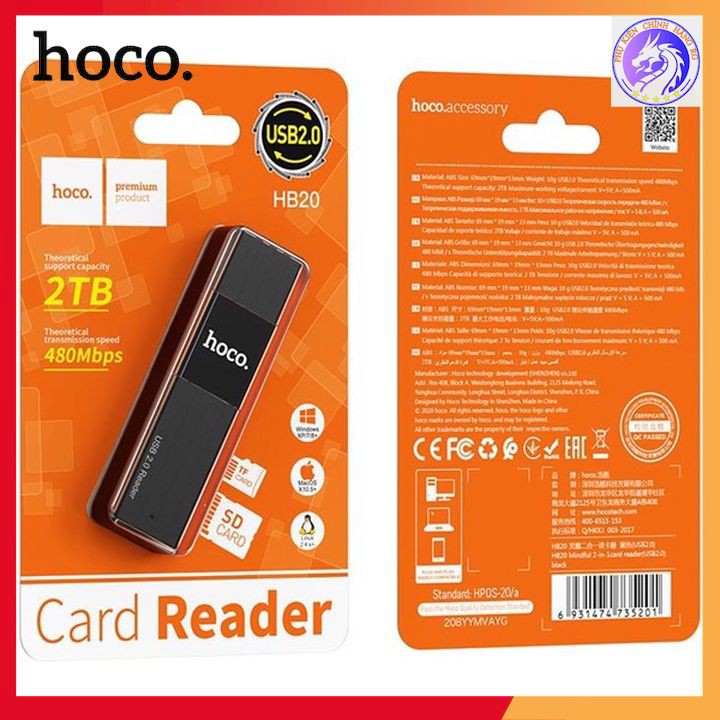 [Mã 2404EL10K giảm 10K đơn 20K] [Chính Hãng] Đầu Đọc Thẻ Nhớ 2 In 1 Đọc Thẻ TF Và SD Hoco HB20 Màu Đen