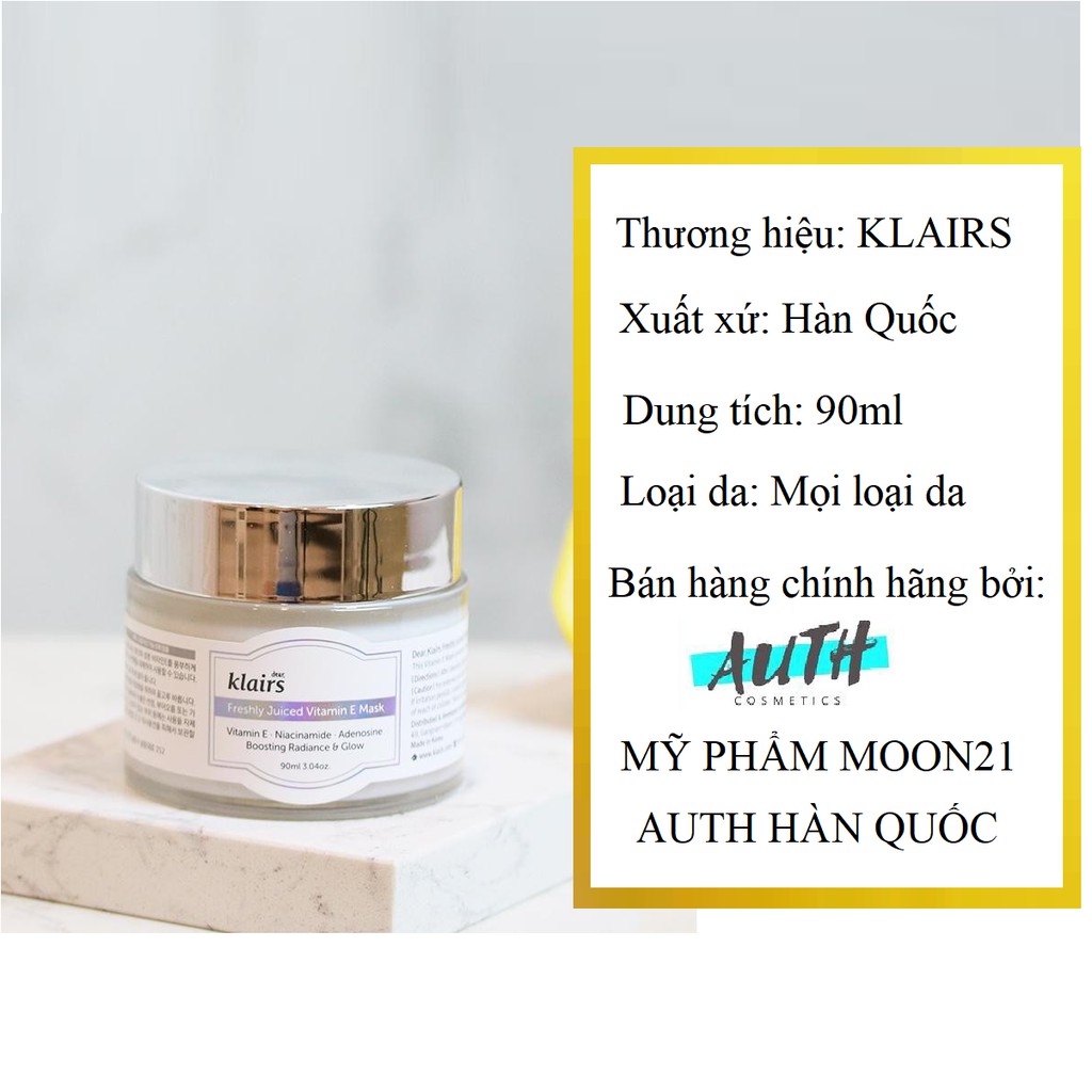 Kem Dưỡng Klairs, Kem Dưỡng Ẩm Klairs Freshly Juiced Vitamin E Mask 90g dưỡng trắng da, mặt nạ ngủ MOON21