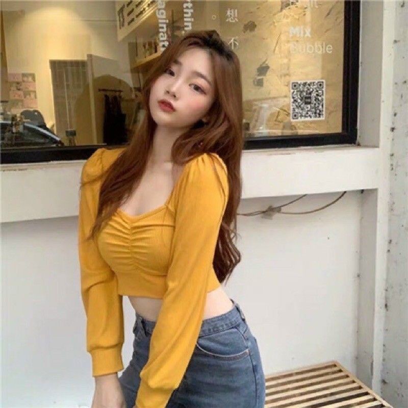 (Freeship)Áo crop top borip nhún ngực tay phồng siêu xinh | BigBuy360 - bigbuy360.vn