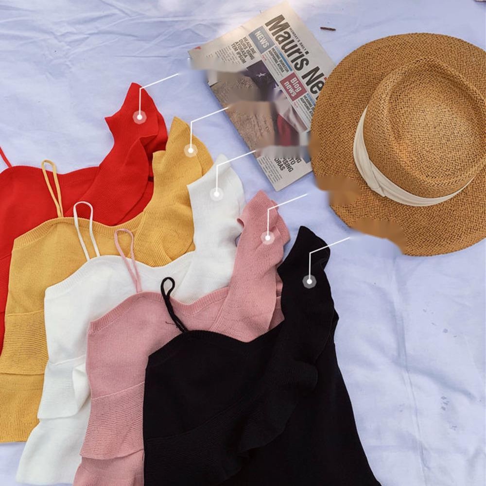 Áo Tank Top Dệt Kim Hở Lưng Phối Diềm Thời Trang