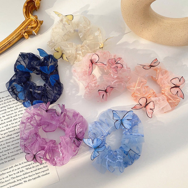 Dây buộc tóc vải scrunchies ren đính bướm butterfly 🦋