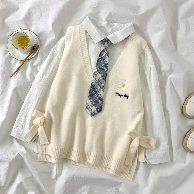 Áo sơ mi nữ tay dài/áo len cộc tay buộc eo/cà vạt thời trang thanh lịch