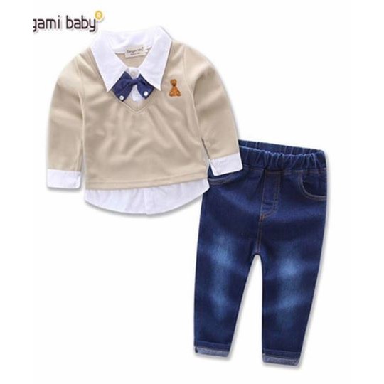 Set áo thun phối với cổ sơ mi + quần Jean lưng thun