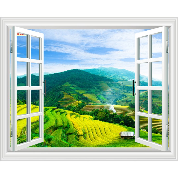Tranh dán tường cửa sổ 3D Kích thước 150 x 90 hình ruộng bậc thang