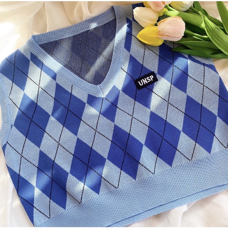 [Ảnh thật ở cuối 👍] Áo len gile croptop, họa tiết caro xanh dương phong cách hàn quốc trẻ trung, năng động freesize | BigBuy360 - bigbuy360.vn