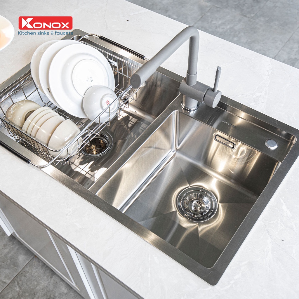 Vòi rửa bát xoay 360 độ KONOX Felix Grey, bề mặt xử lý mạ PVD Granite, lõi hợp kim đồng 61% tiêu chuẩn Châu Âu CW617N