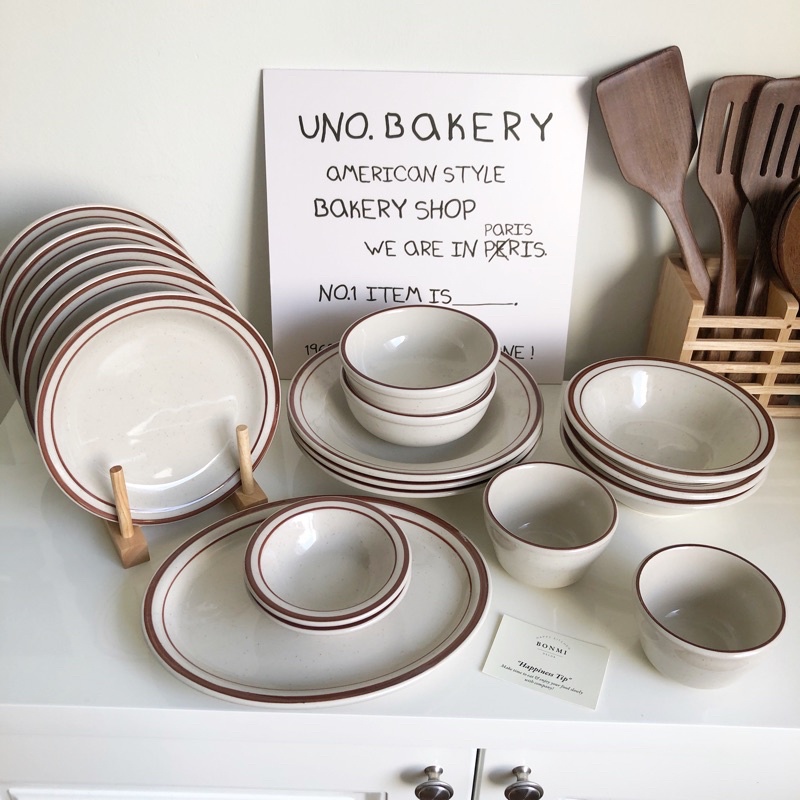 Tô sứ/ đĩa sứ chấm tiêu viền nâu BONMI decor Hàn Quốc