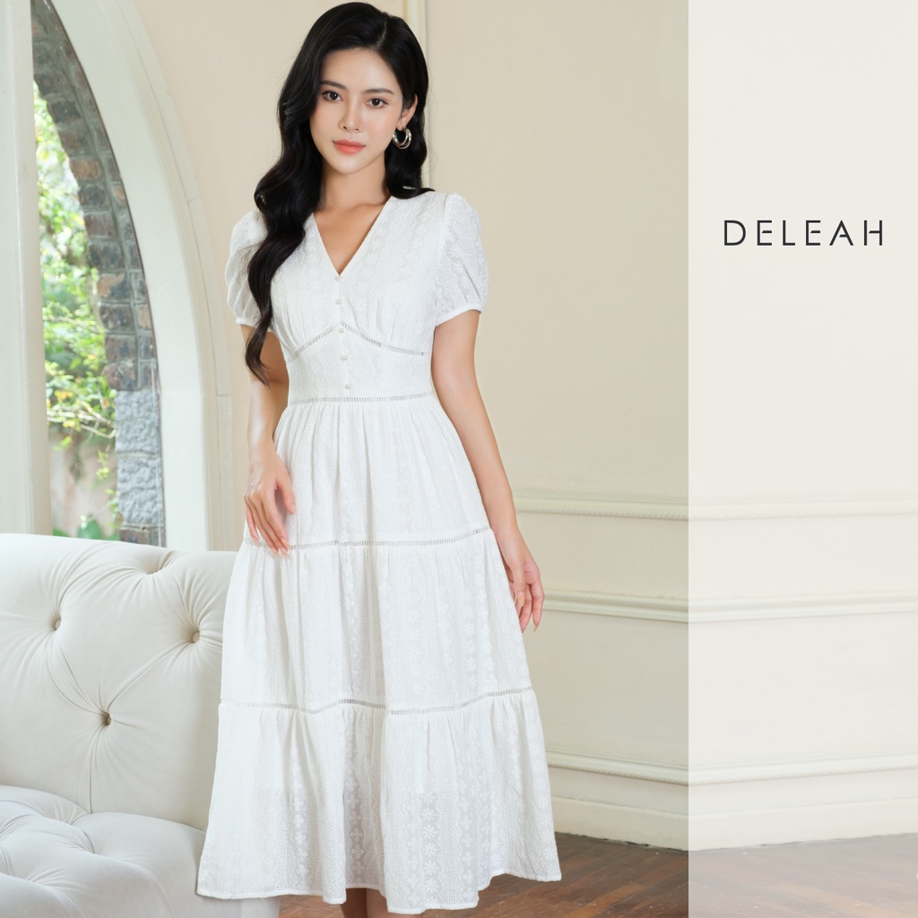 Đầm xoè thô thêu De Leah thiết kế đầm dệt ren trắng với cảm hứng eo corset giúp định hình cơ thể