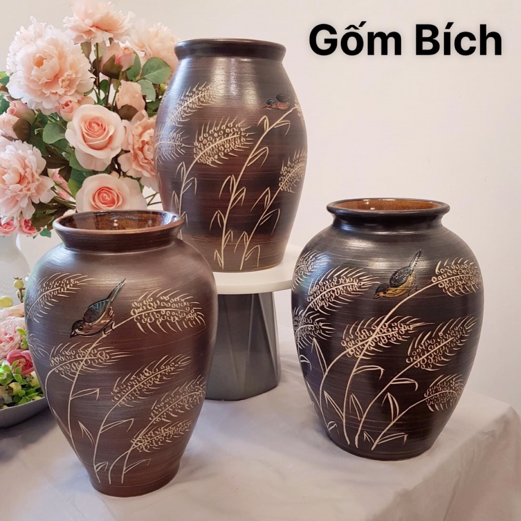 Bình Hoa Lọ Hoa Vẽ Tay Bông Lúa Men Mộc Gốm Sứ Bát Tràng - Gốm Bích