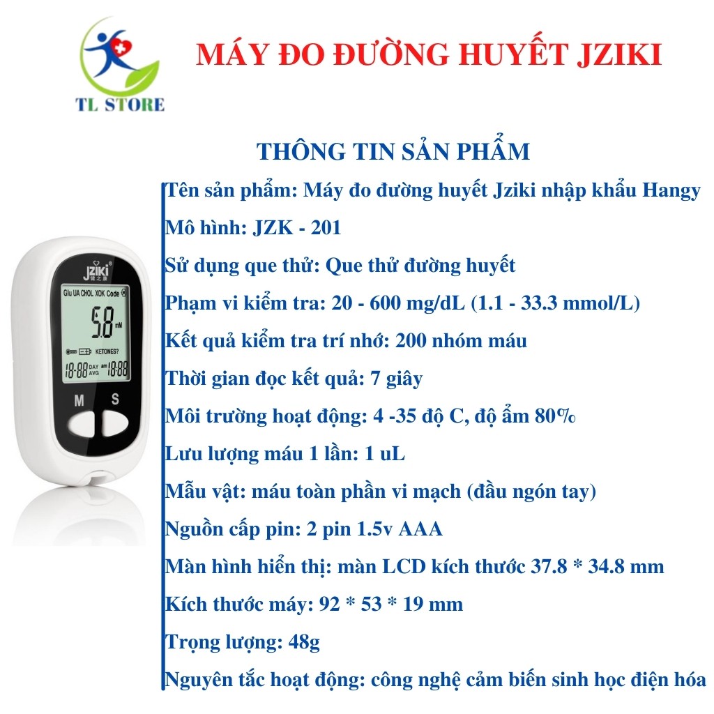 Máy đo đường huyết nhập khẩu chính hãng Jziki kèm 50 que thử và 50 kim