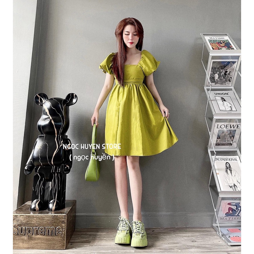 váy nữ màu xanh tay phồng siêu xinh xắn TT 40
