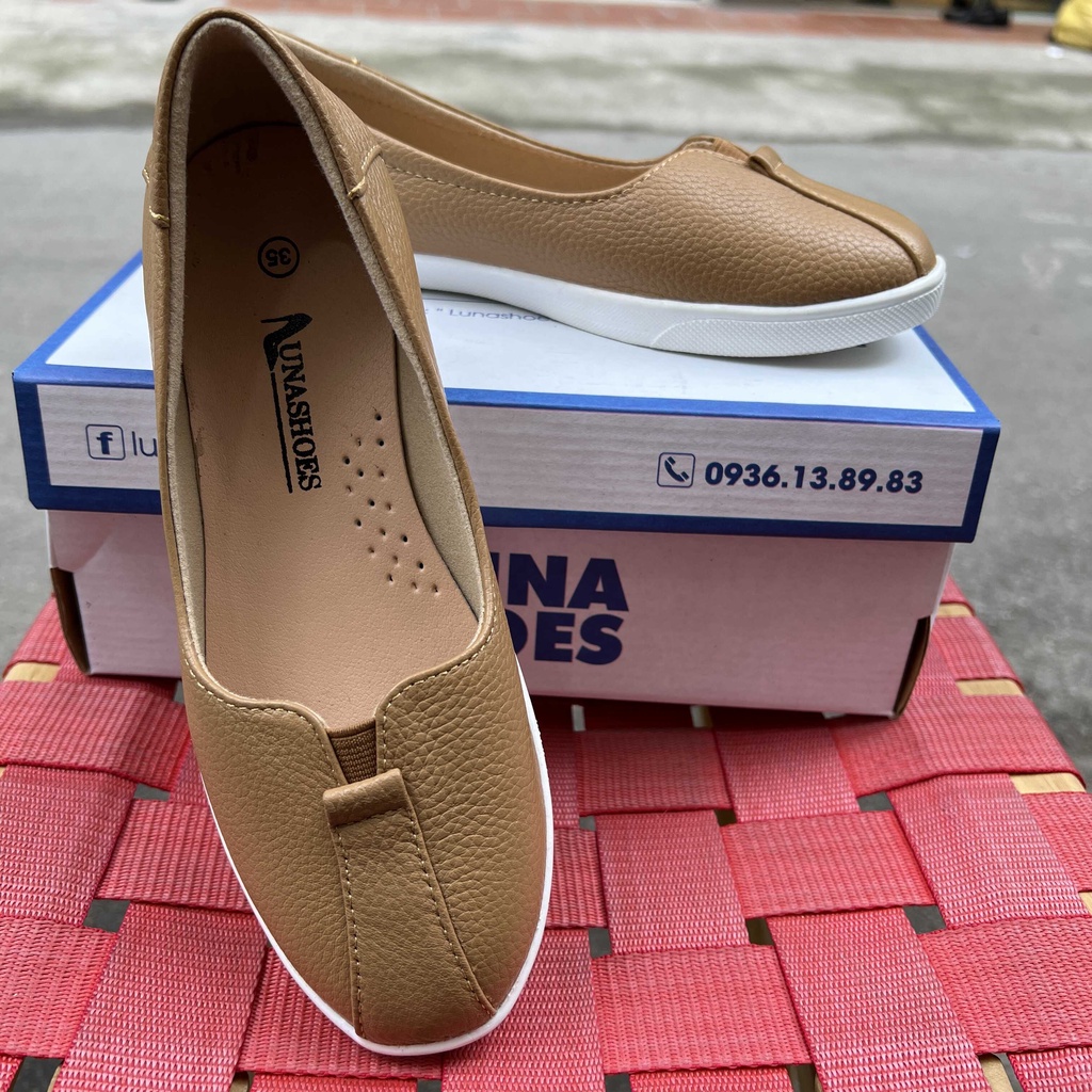 Giày bệt nữ da bò thật êm chân mềm LUNASHOES 70301 giầy lười slip on trung niên cho mẹ dễ đi dễ phối đồ