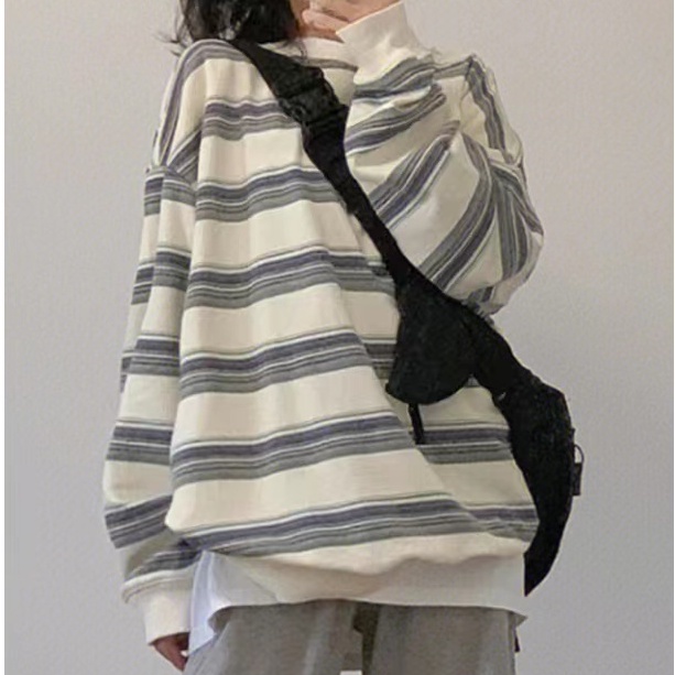 ZHELIHANGFEI Áo Thun Tay Dài Họa Tiết Sọc Theo Phong Cách Retro Mỹ