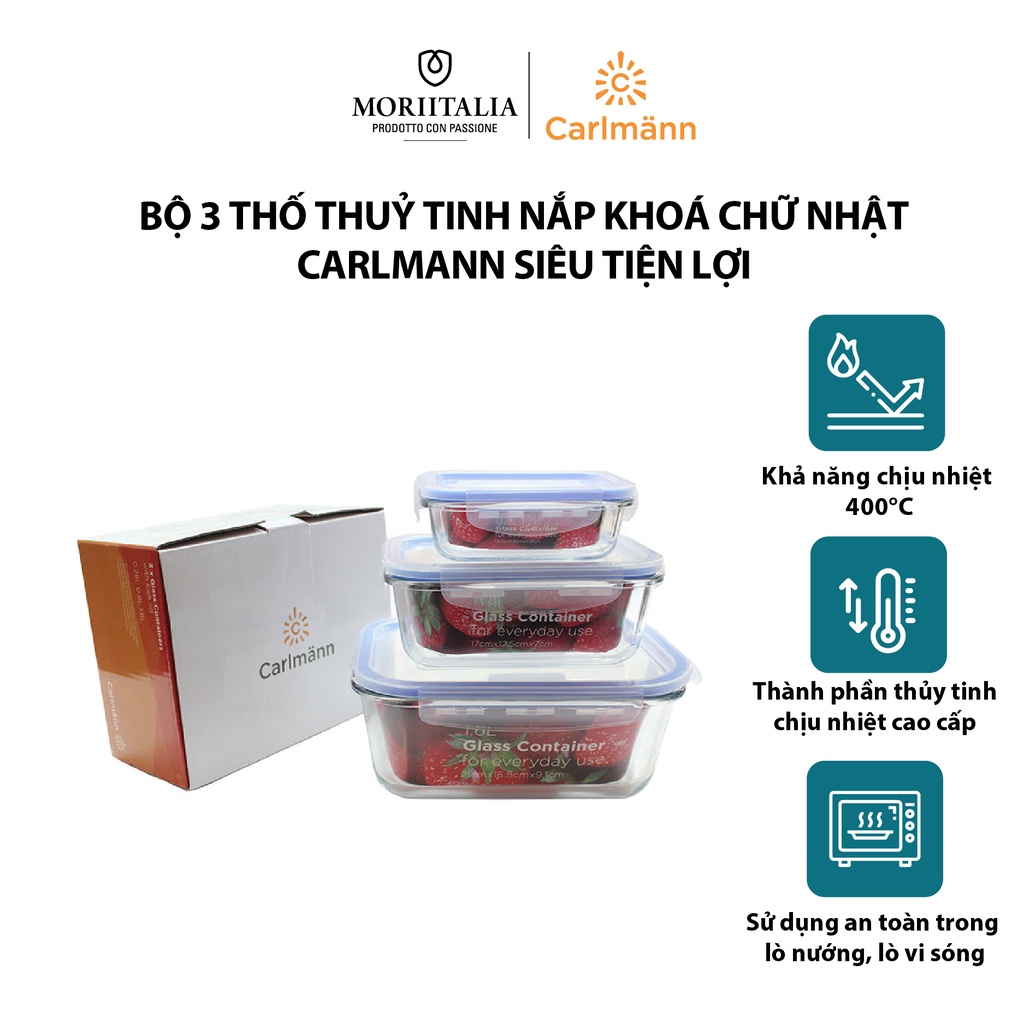Bộ 3 thố thuỷ tinh Carlmann nắp khoá chữ nhật siêu tiện lợi Moriitalia LRE1-2-3