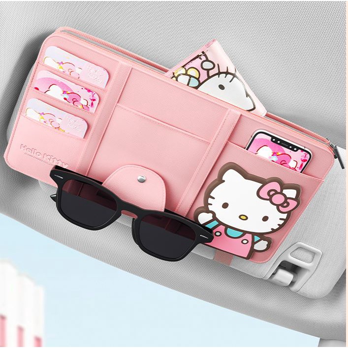 Hộp Đựng Thẻ Kẹp Tấm Che Nắng Xe Hơi Nhiều Ngăn Họa Tiết Hello Kitty