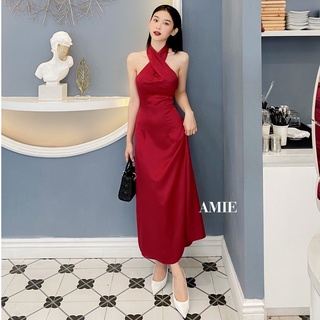 Đầm nữ AMIE thiết kế cổ chéo dáng dài thời trang cao cấp chất phi lụa sang chảnh D09