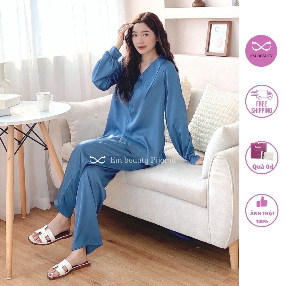 Pijama lụa EMBEAUTY đồ ngủ nữ, bộ mặc nhà dài tay, latin trơn, tiểu thư, sau sinh FREESHIP TẶNG QUÀ_EM12