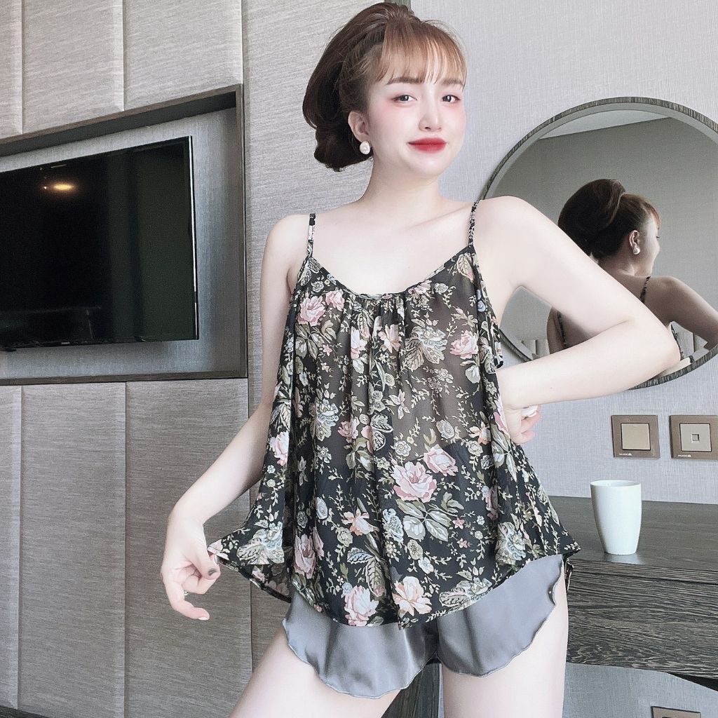 Đồ ngủ nữ BIGSIZE MIKY, Đồ ngủ sexy lụa Chiffon phối Satin cao cấp mềm mại xinh xắn <63kg