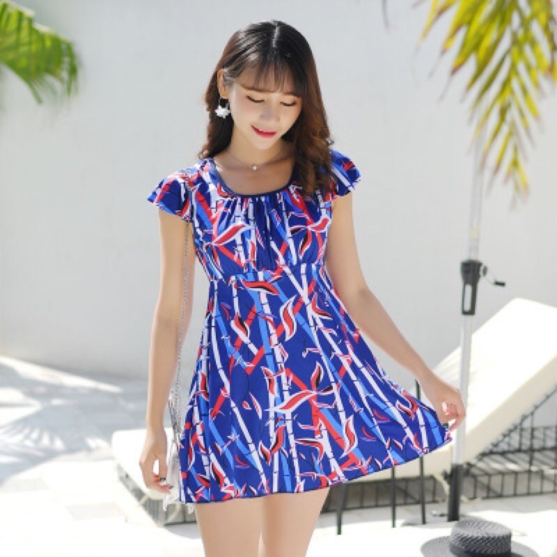 Bikini Bộ Bơi Đồ Bơi Liền Thân Kín Đáo Che Bụng Hoạ Tiết Thổ Cẩm Dạng Váy Xinh Xắn (Kèm Quần Đùi Rời Mặc Trong Váy)