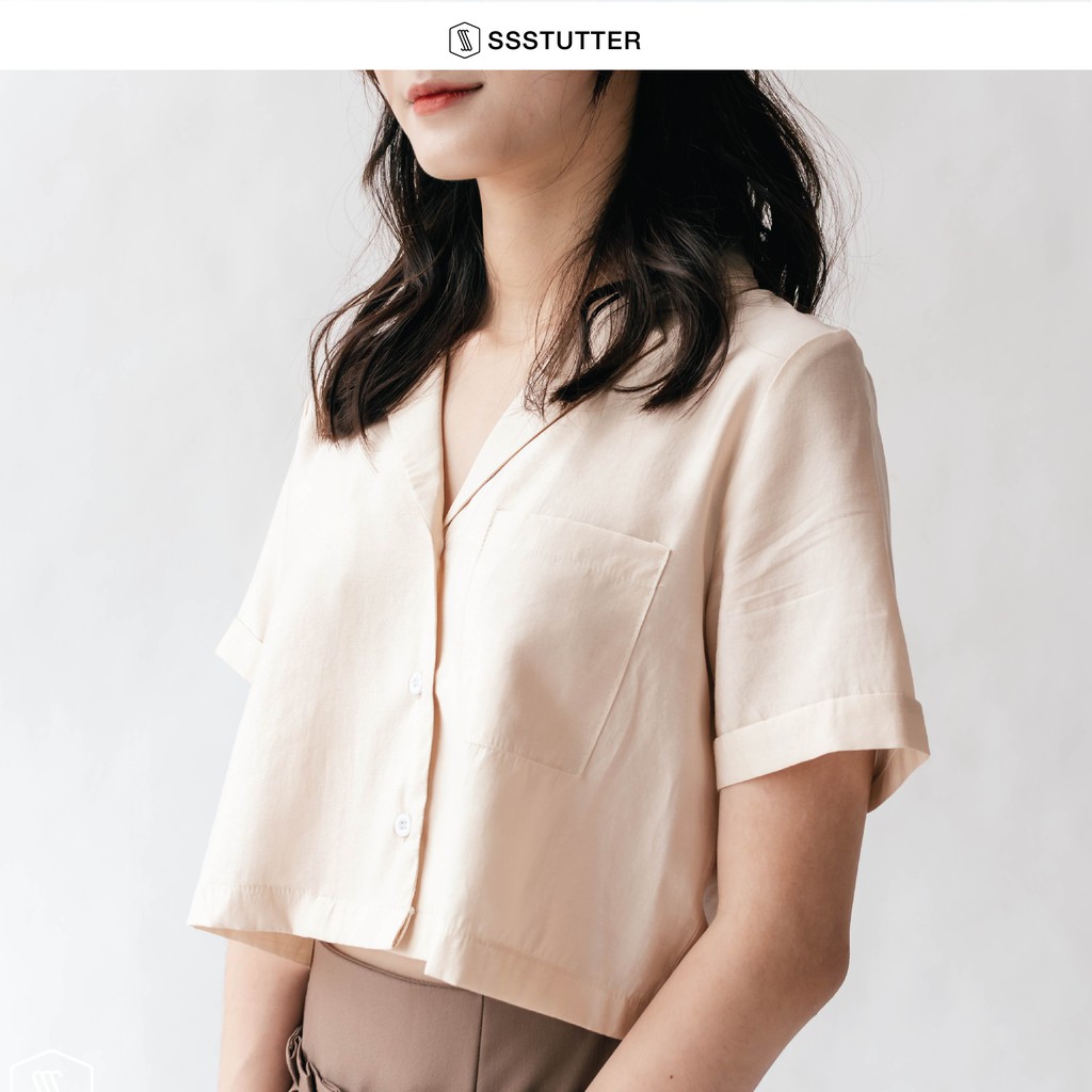 Áo croptop nữ SSSTUTTER cổ cuban dáng rộng chất linen thoáng mát cuban crop