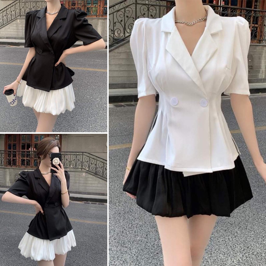 Set vest cộc tay mix quần lụa phồng đen trắng - 🌼Set áo vest xẻ cạnh mix quần dáng váy🌼