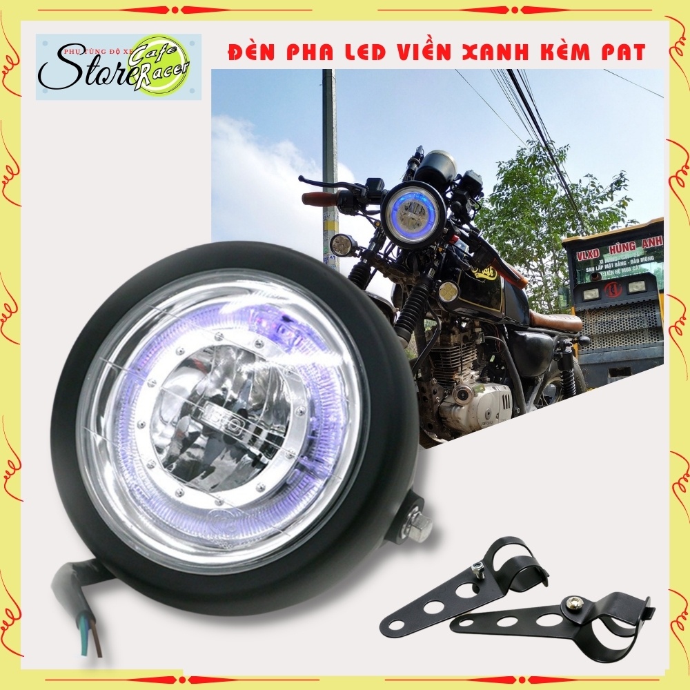 Đèn pha led viền xanh và bộ pat lắp đèn pha vào phuộc, gáo sắt sơn tĩnh điện, mặt kính ,bóng led siêu sáng