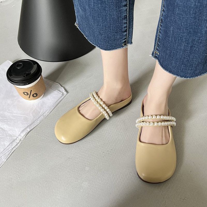 Dép bít mũi IELGY đế bằng đính ngọc trai giả màu trơn đơn giản thời trang cho nữ