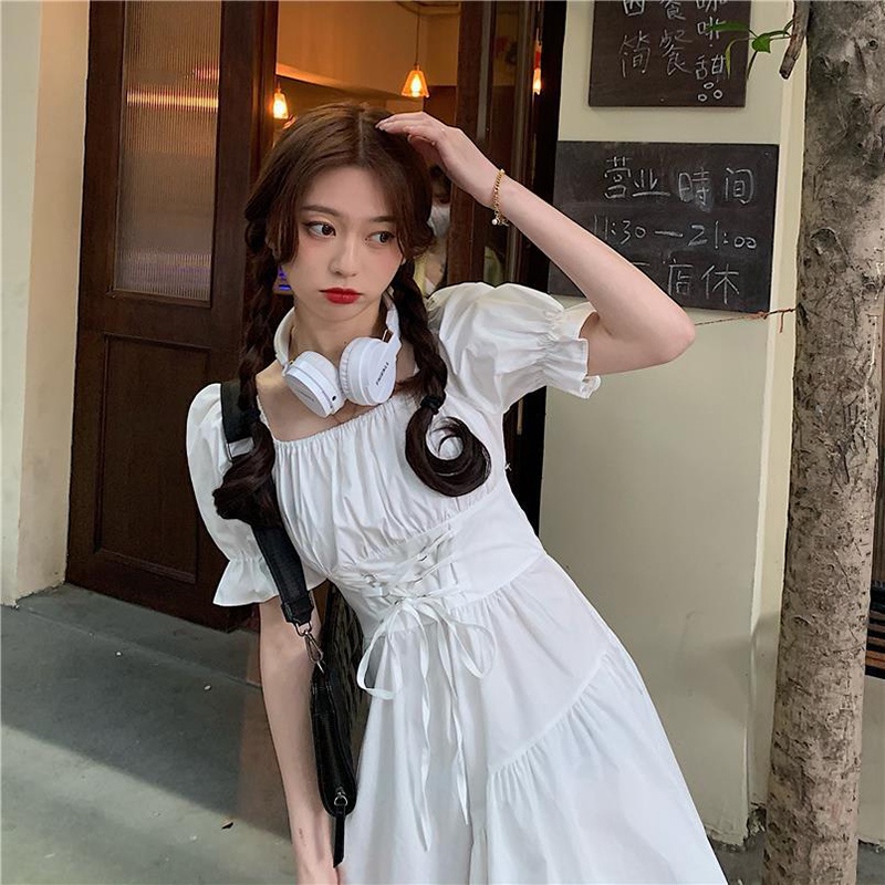 IELGY     Hepburn Đầm Mùa Hè Tay Phồng Không Đều Phong Cách ins Cho Nữ