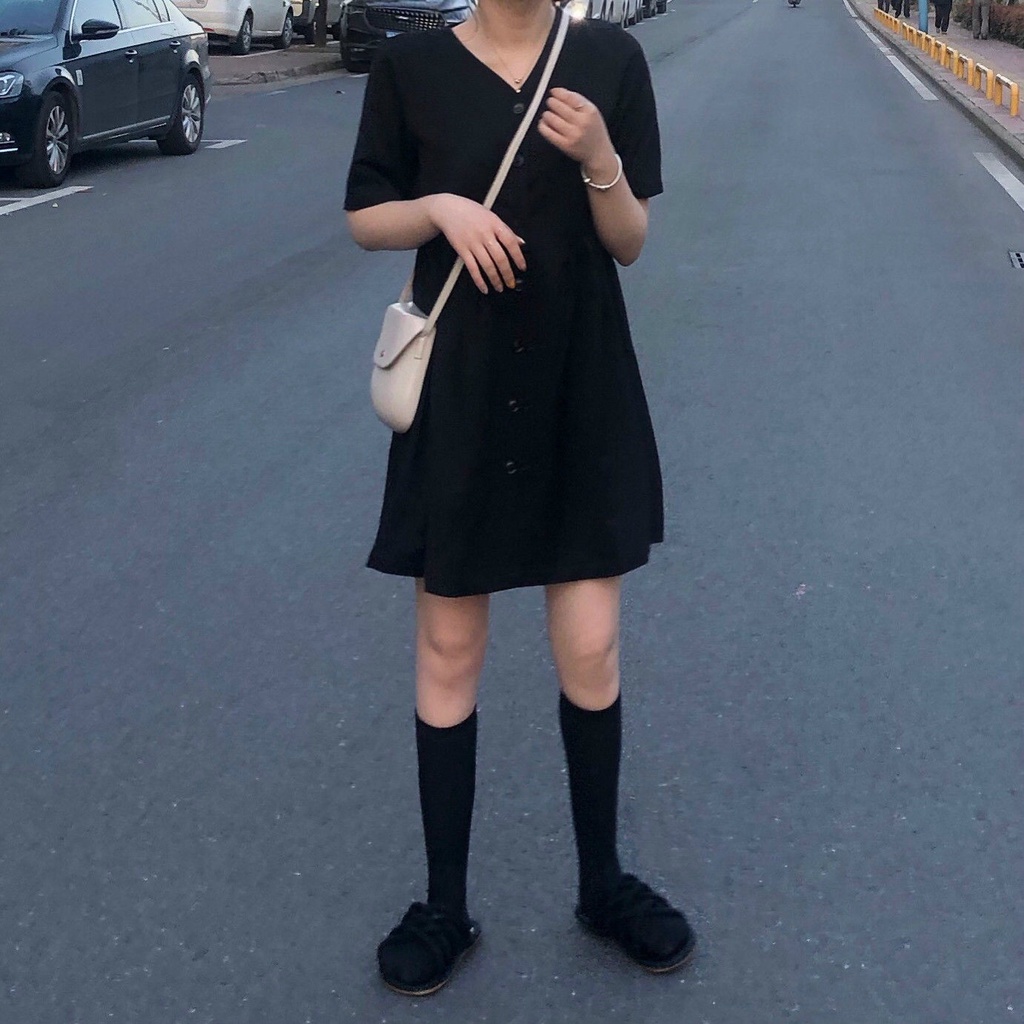 Đầm BH tay ngắn màu đen phong cách Hàn Quốc dành cho nữ