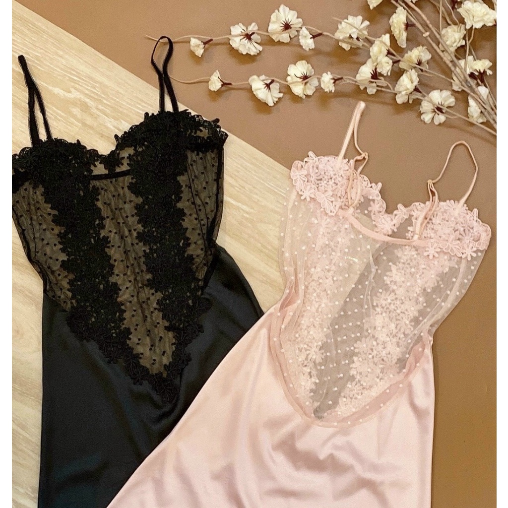 Váy ngủ satin pha lưới cúp ngang phói hoa dọc sexy Minhduongct