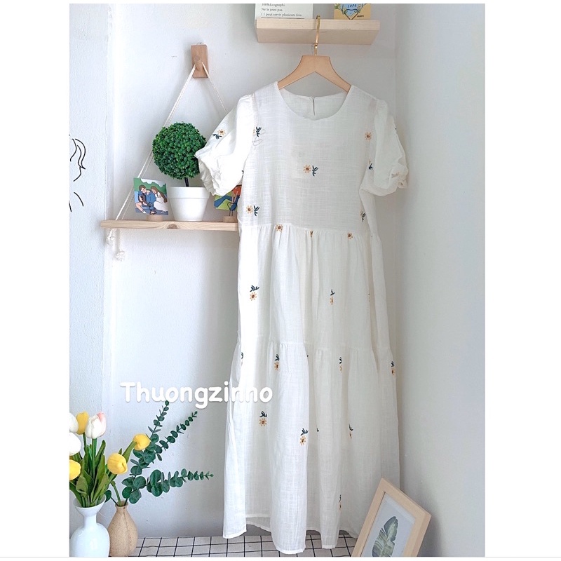 [Ảnh thật/Video] Đầm Váy Hoa Cúc Xinh Đẹp thiết kế Tay Bồng Chất Liệu Lụa Hàn Mềm Mịn