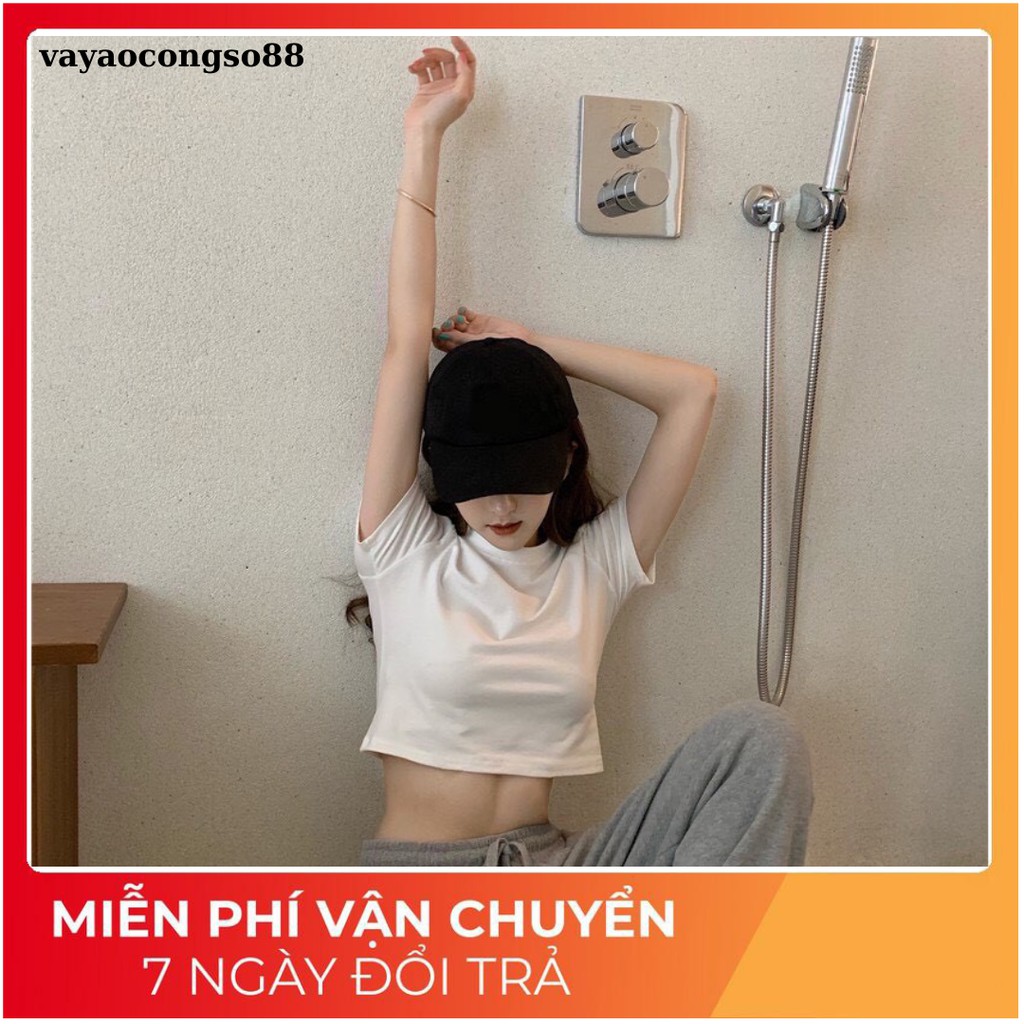 Áo Thun Croptop Nữ Tay Ngắn Cổ Tròn Cao Form Ôm Body Màu Trắng
