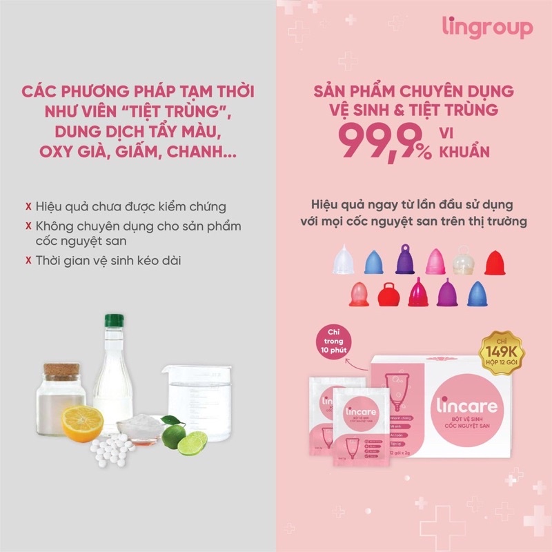 Bột tiệt trùng cốc Nguyệt san Lincare hộp 12 gói tiện lợi