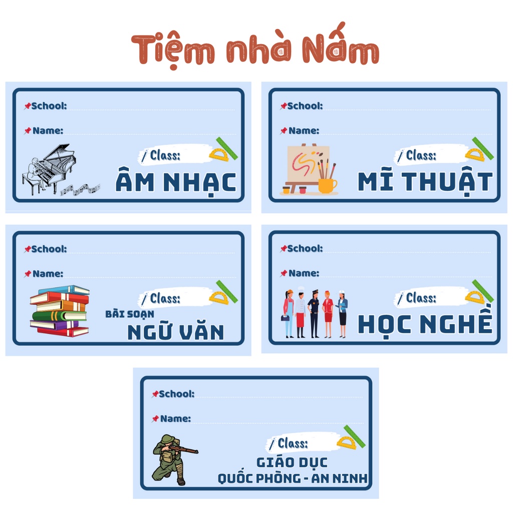 Combo Nhãn Vở Thiết Kế Theo Tên Môn Học, Xanh Hình Theo Môn Học