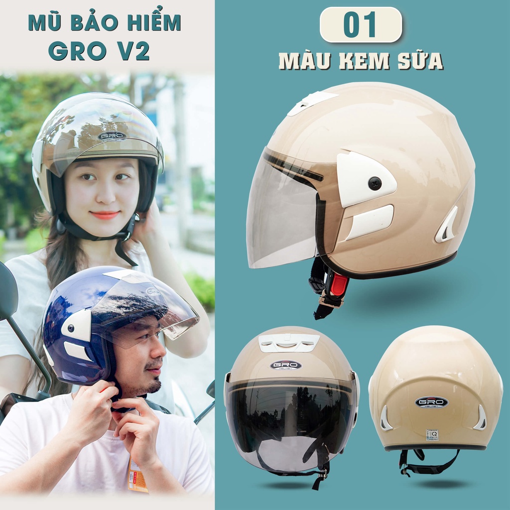 Mũ Bảo Hiểm 3/4 đầu Gro Helmet V2 có kính, kiểu dáng Honda trẻ trung cho nam và nữ, khóa kim loại chắc chắn - Nhiều màu