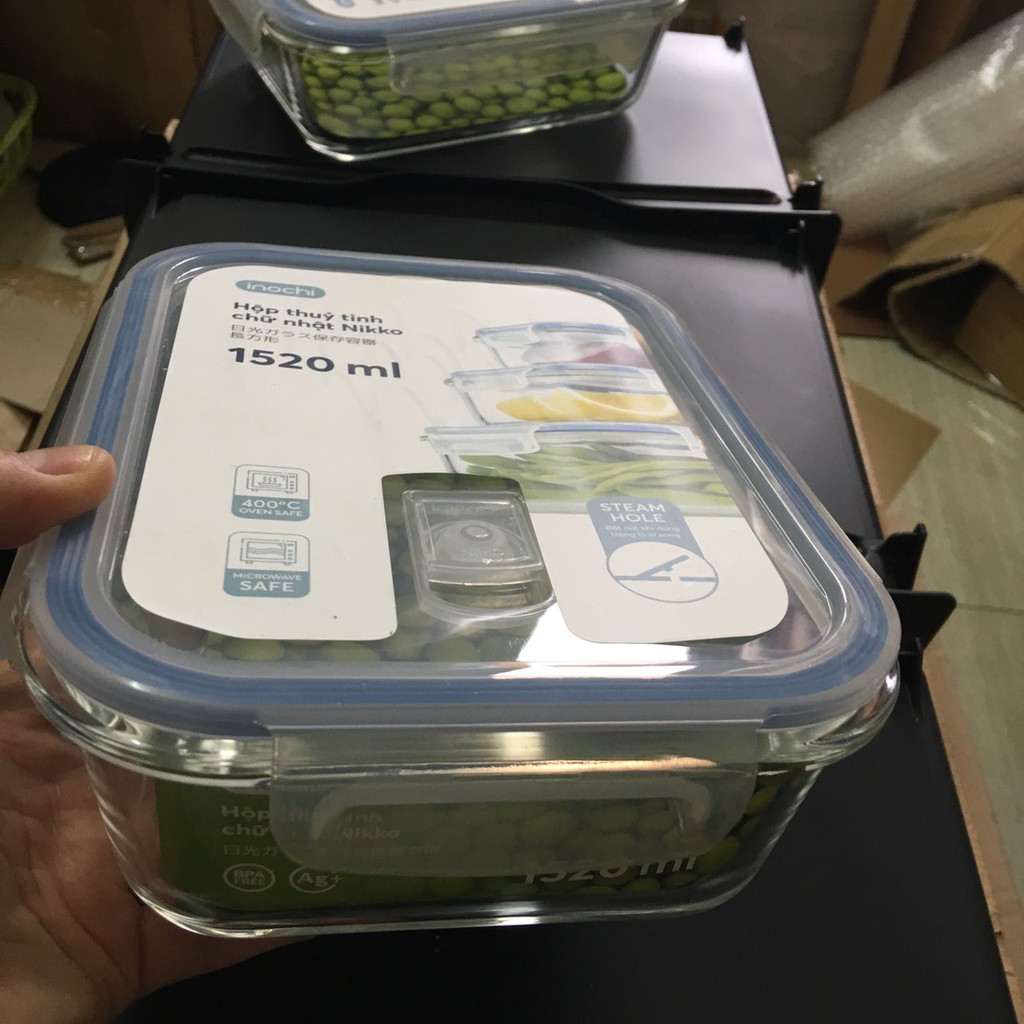 Hộp thủy tinh kháng khuẩn Nikko xuất Nhật Bản chữ nhật 370ml, 640ml, 1040ml, 1520ml dùng lò vi sóng và tủ đông lạnh