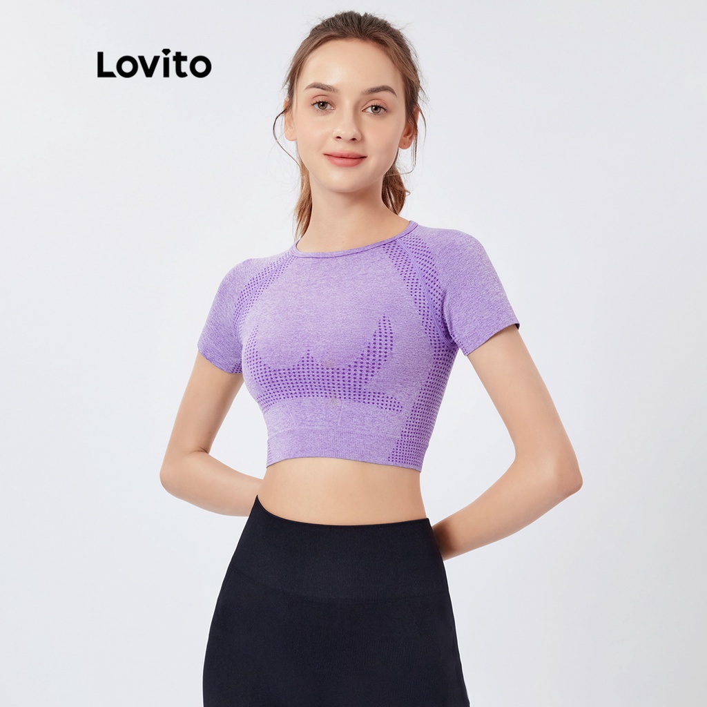 Áo thun Lovito không đường may màu trơn dáng ngắn co giãn cao thoáng khí phong cách thể thao L26AD028 (màu xám/hồng/tím/đen)