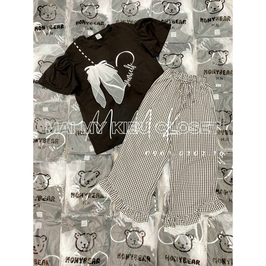 sét bộ cotton quần sọc caro phối áo tim nơ