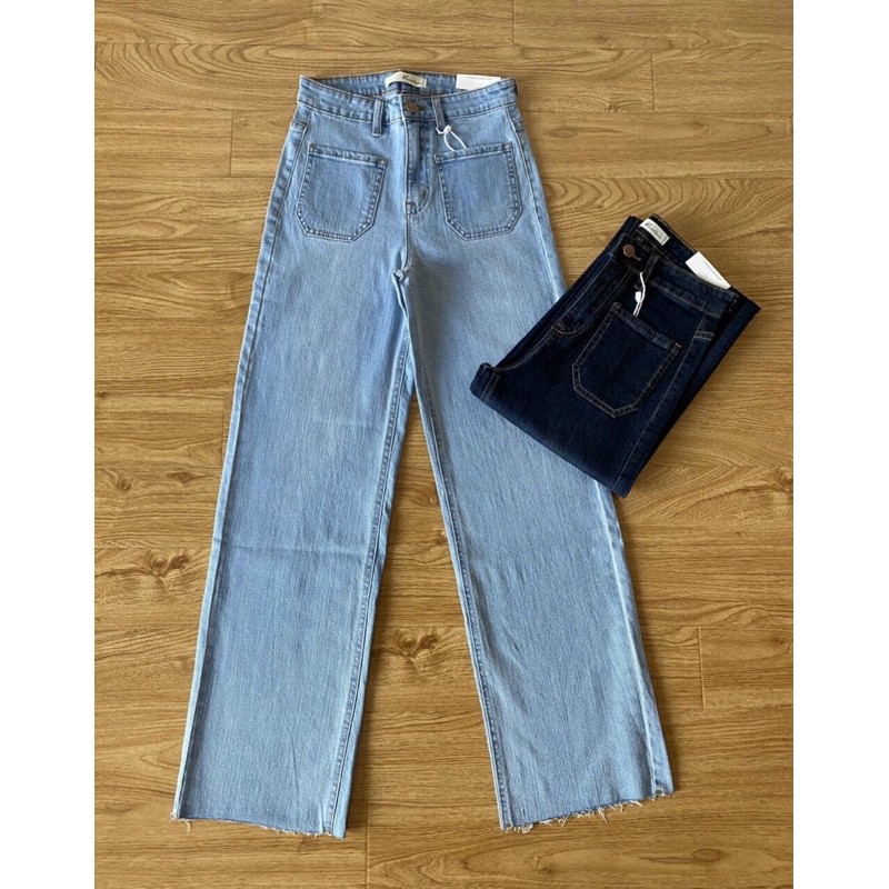 QUẦN JEANS NỮ ỐNG RỘNG CO GIÃN BỐN CHIỀU HAI MÀU CHÂU .