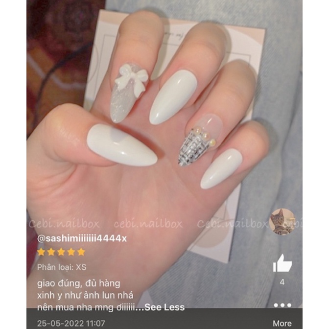 Nailbox thiết kế màu trắng c001 đính nơ kẻ dạ cebi.nailbox