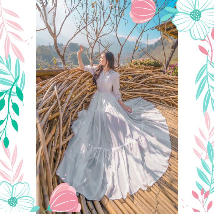 Vấy Đầm Maxi Trắng Dáng Dài Phối Ren Chup Ảnh, Đi Tiệc Siêu Đẹp | BigBuy360 - bigbuy360.vn