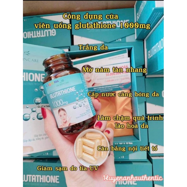 Trắng da GLUTATHIONE 1000  viên uống giảm nám mờ nhăn nâng tông tức thì. Hộp 30 viên