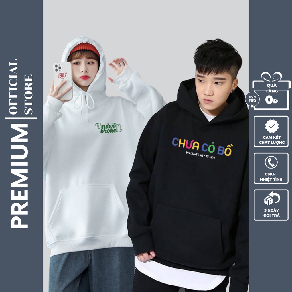 Áo Hoodie chất NỈ in hình Underborken, Đã có bồ, Chưa có bồ, under Hà Nội kiểu dáng unisex form rộng