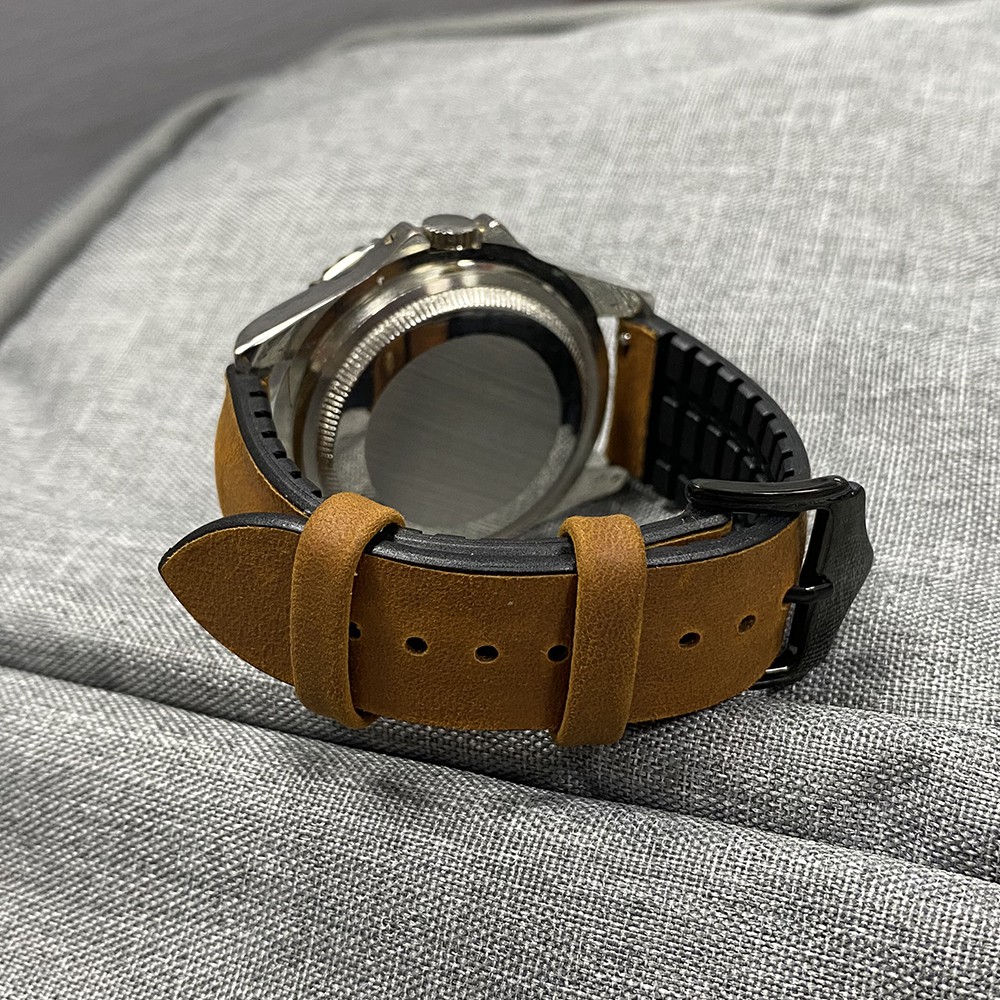 Dây Da + Silicon Chất Lượng Cao Có Khóa Cài Màu Đen 20mm 22mm Cho Đồng Hồ