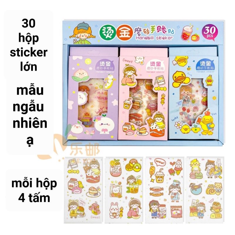 Sỉ: thùng 30 hộp sticker lớn, mỗi hộp 4 tờ sticker khổ 13cm