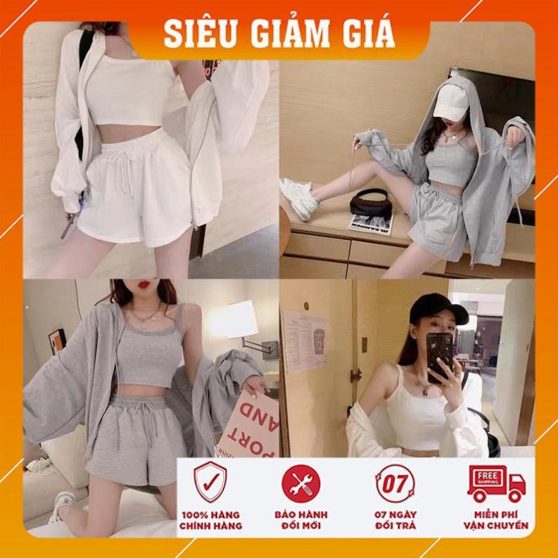 Set Áo Khoác Nỉ Tay Bồng Phối Croptop 2 Dây Mix Short Nỉ Ulzzang (2 Màu)
