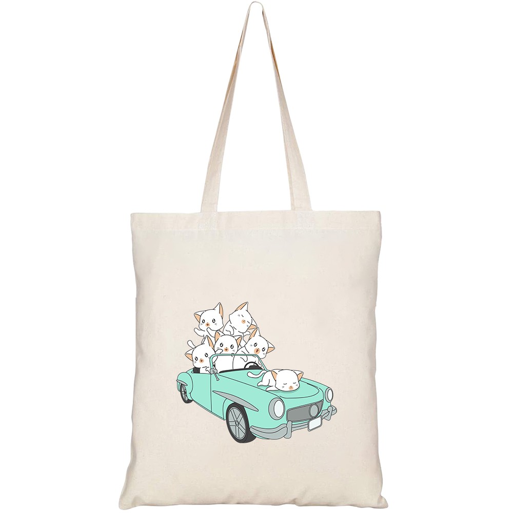 Túi vải tote canvas HTFashion in hình drawn kawaii cats green car HT172